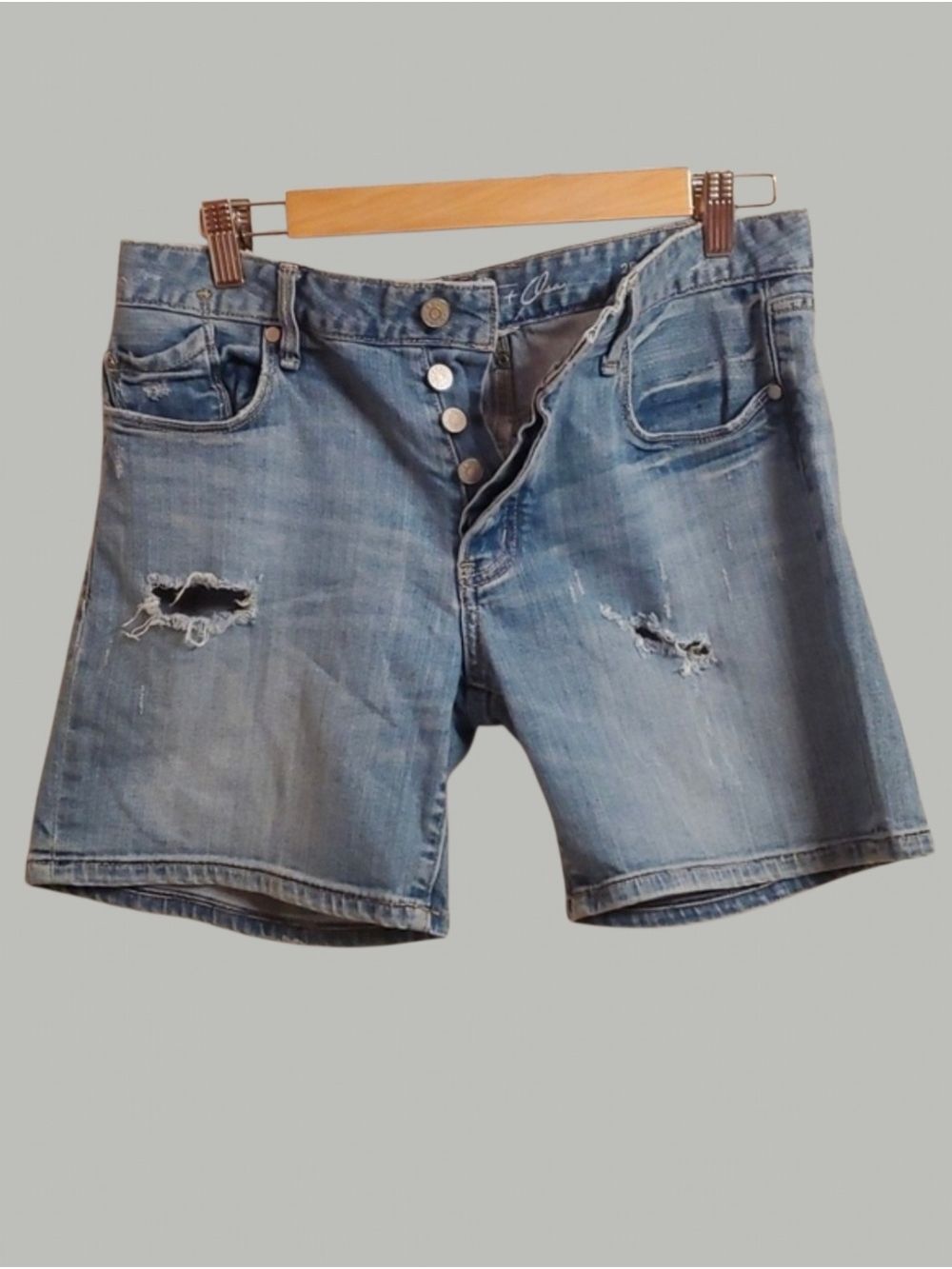 Martin & Osa Shorts Button Fly Size 28 6 Blue Denim Shorts Distressed Rips cool